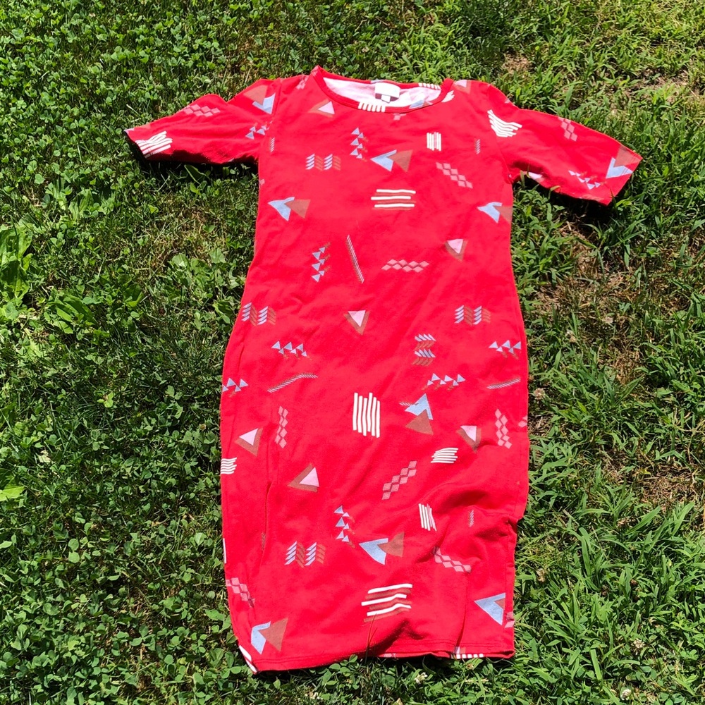 LuLaRoe Red Midi Dress with Geometric Print